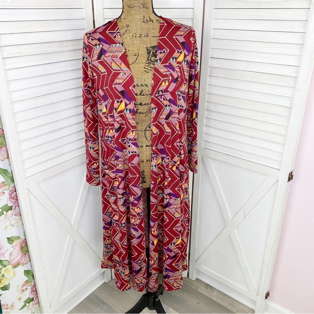 LuLaRoe Sarah Cardigan‎ Duster Aztec Geometric Print Red Small